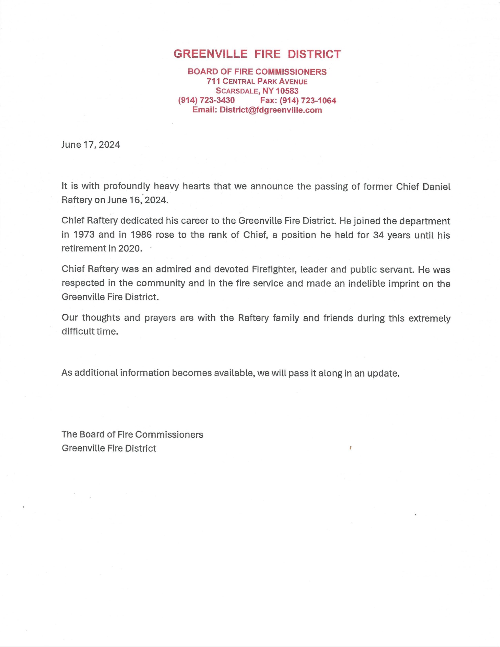 Daniel Raftery Community Mourns Passing of Former Fire Chief Daniel Raftery – Edgemont ...